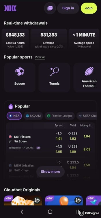 Cloudbet review: interface on mobile browser. Cloudbet review: interface on mobile browser.