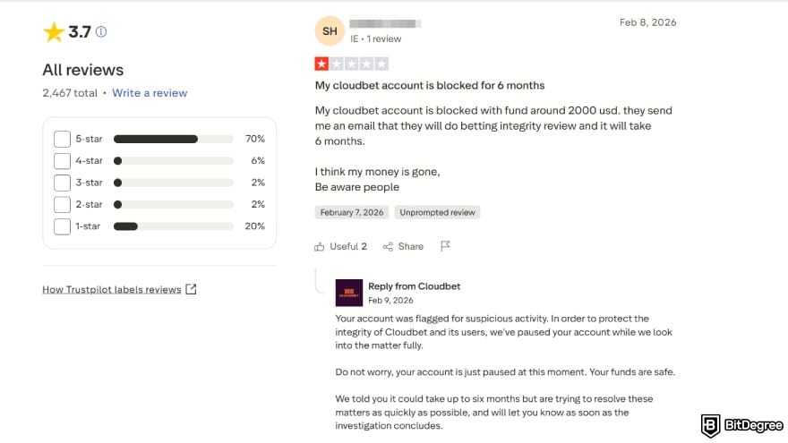 Cloudbet review: Trustpilot page showing mixed user rating. Cloudbet review: Trustpilot page showing mixed user rating.