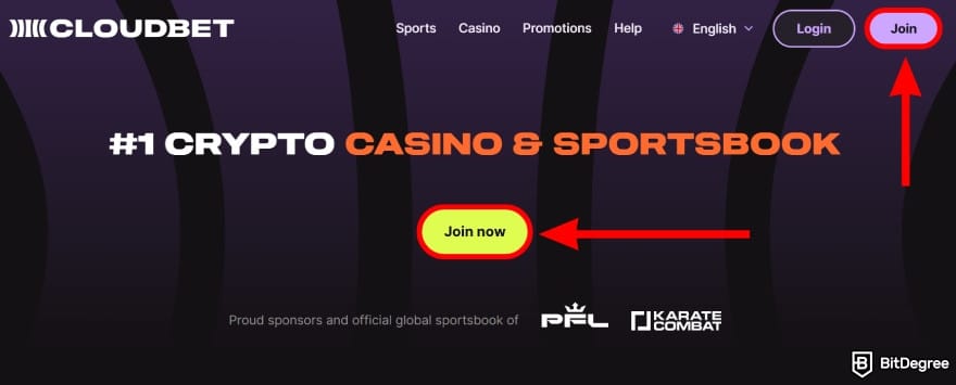 Cloudbet review: click [Join] on the main page.