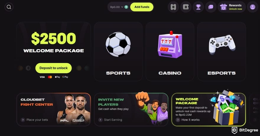 Cloudbet review: homepage showing welcome package, sports, casino, esports sections. Cloudbet review: homepage showing welcome package, sports, casino, esports sections.