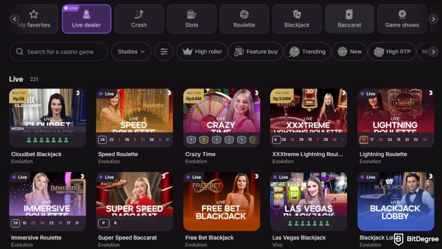 Cloudbet review: live casino section showing on the platform. Cloudbet review: live casino section showing on the platform.