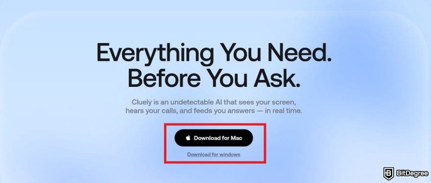 Cluely AI review: Cluely homepage with the Download buttons highlighted.
