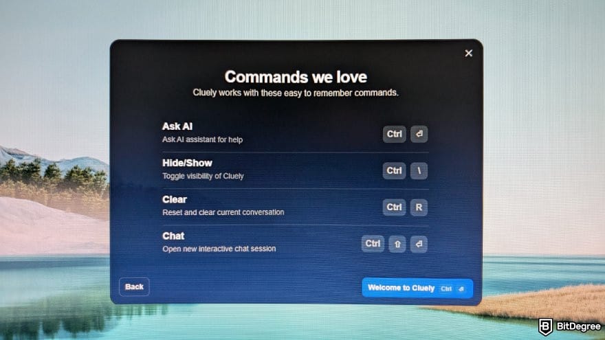 Cluely AI review: a list of command shortcuts available for the Cluely AI app.
