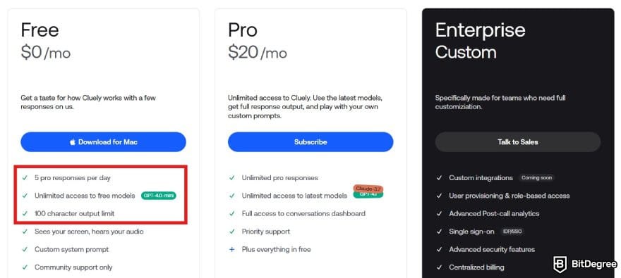 Cluely AI review: Cluely pricing plans with the Free plan features highlighted.