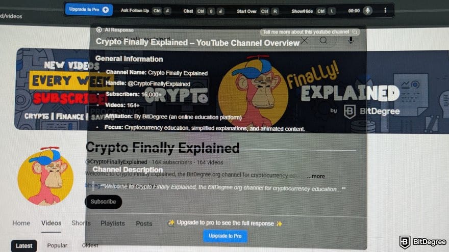 Cluely AI review: AI response from Cluely giving an overview for the Crypto Finally Explained YouTube channel.