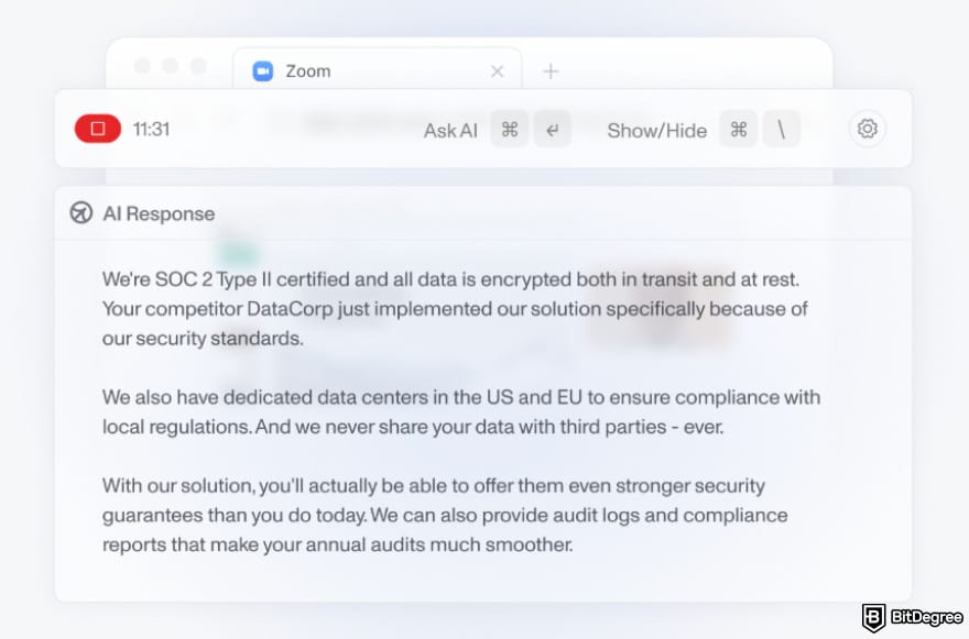 Cluely AI review: an example of AI response for a sales call.