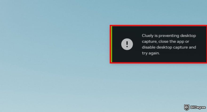 Cluely AI review: a pop up message saying that Cluely is preventing screen recording.