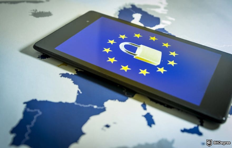 Cluely AI review: a smartphone displaying the EU flag and a padlock.
