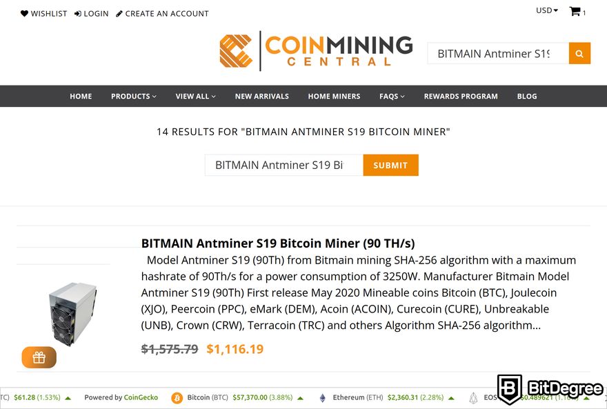 Coin Mining Central review: Coin Mining Central's search result showing BITMAIN Antminer S19 Bitcoin Miner.