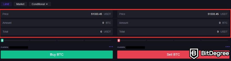 Ulasan CoinW: masukkan jumlah untuk membeli/menjual.