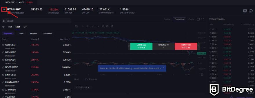 CoinW là gì: biểu tượng ba dòng để tìm kiếm cặp tiền điện tử.