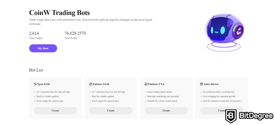 Reseña CoinW: bots de trading.