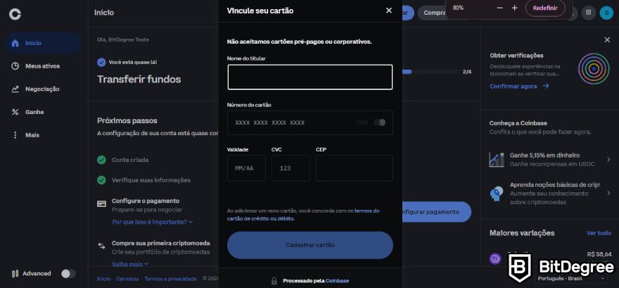 Análise da Coinbase: Adicionar Cartão