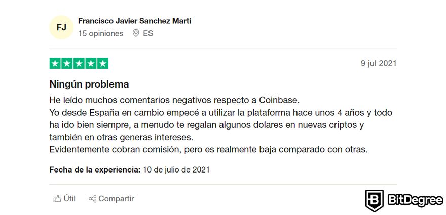 Coinbase Opiniones: Comentario de un Usuario.