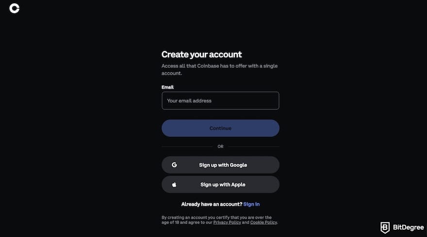 Coinbase promo code deals: Coinbase's sign-up page.