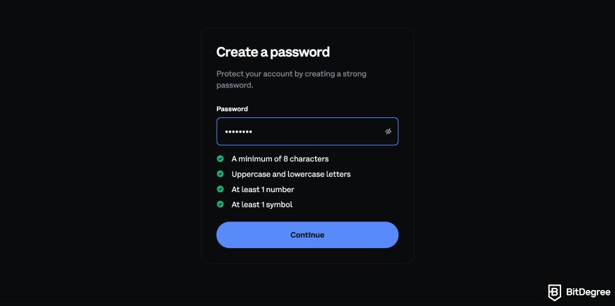 Coinbase review: create password.