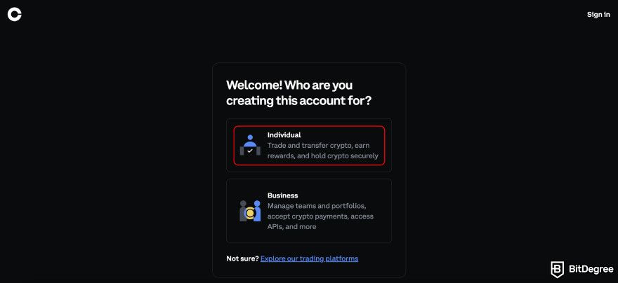 Coinbase review: create individual account.
