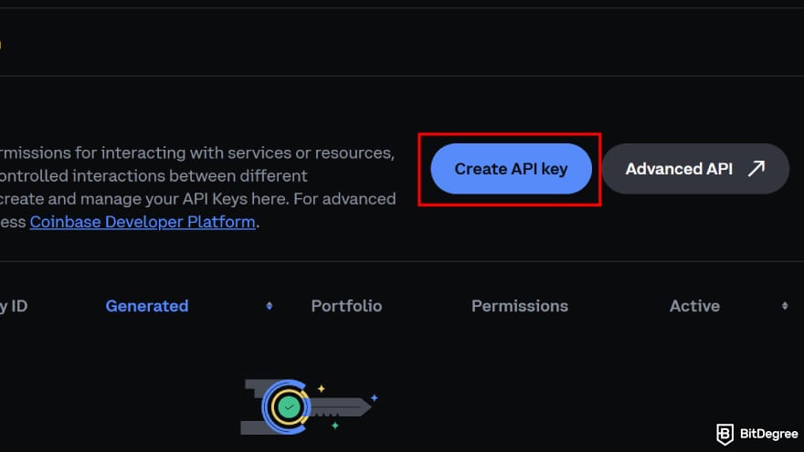 Coinbase taxes: select create API key.