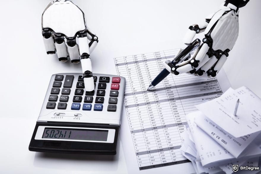 Coinbase taxes: close-up of robot examining financial report with calculator on desk.
