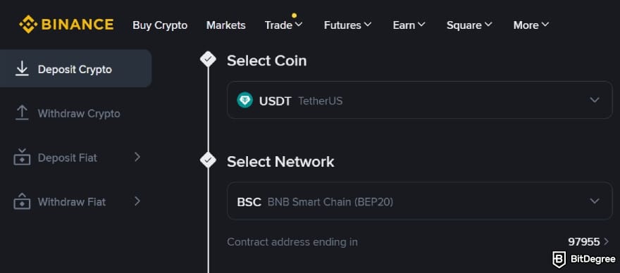 Coinbase vs Binance: deposit USDT.