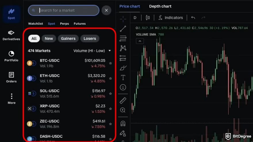 Coinbase vs Binance: find the trading pairs.