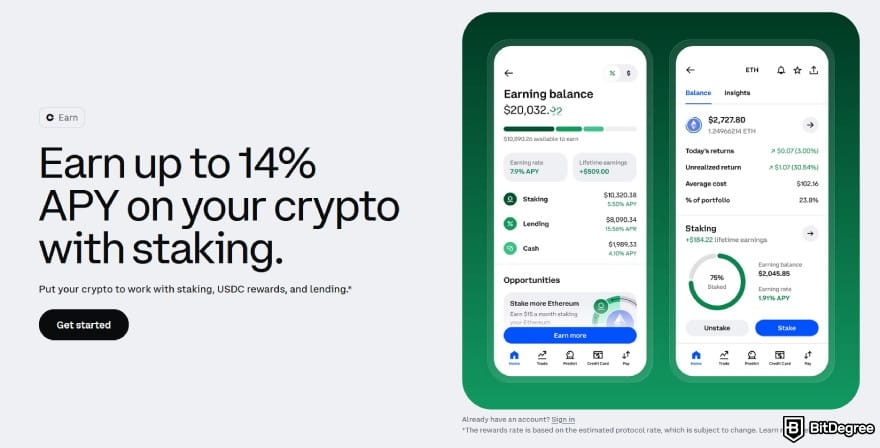 Coinbase vs Binance: earning feature on Coinbase.