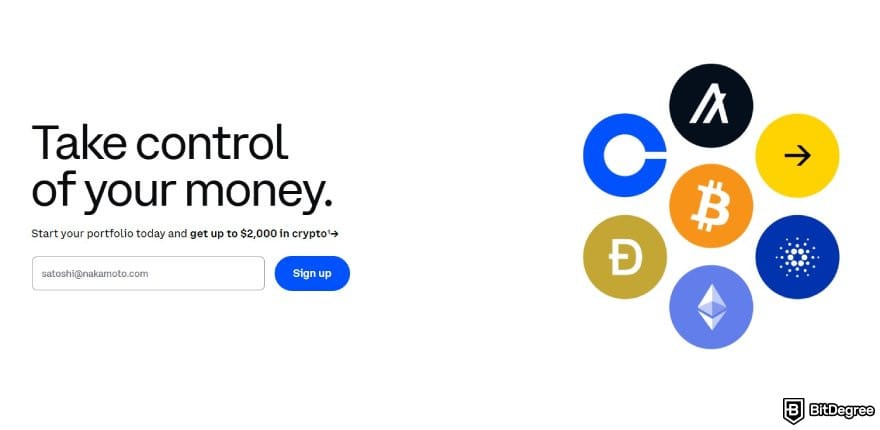 Coinbase vs Bybit: Coinbase homepage CTA. Coinbase vs Bybit: Coinbase homepage CTA.