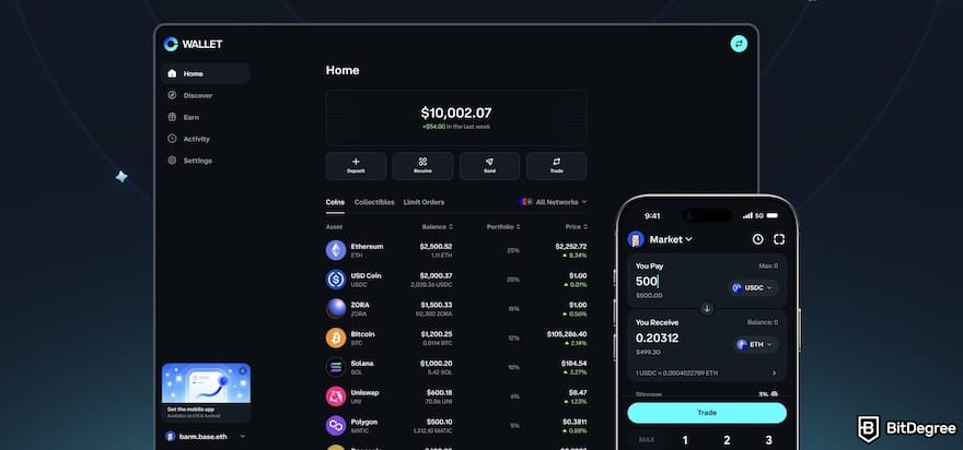 Coinbase VS Crypto.com: the Coinbase Wallet interface on desktop and mobile.