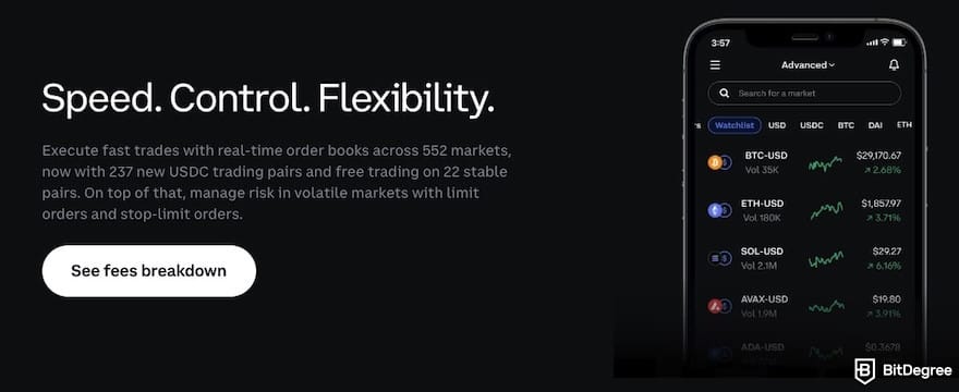 Coinbase vs Kraken: the Coinbase Advanced interface on a mobile phone.