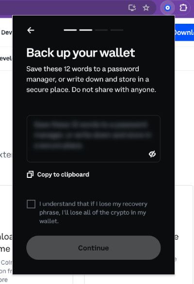 Coinbase Wallet review: backing up the wallet recovery phrase on the browser extension.
