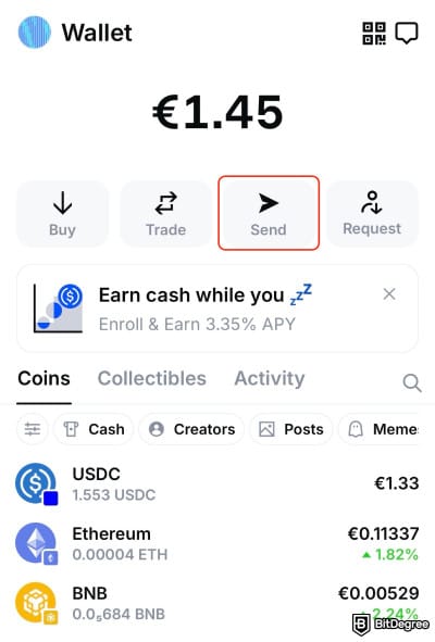 Coinbase Wallet review: the [Send] button on the Base App.