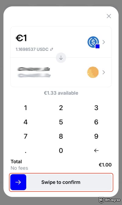 Coinbase Wallet review: swiping to confirm the transfer on the Base App.
