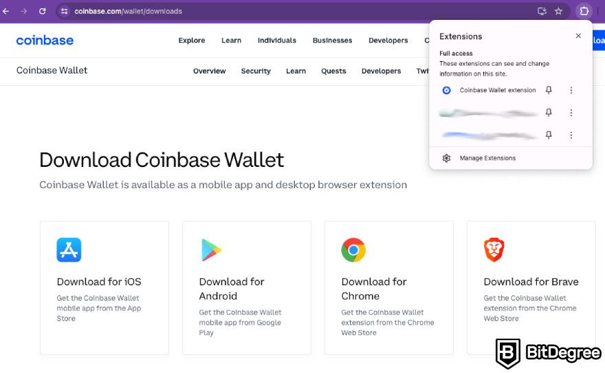 Coinbase Wallet review: finding the wallet extension on Chrome.