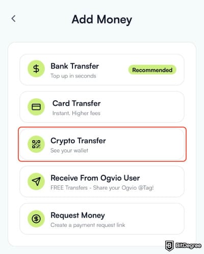 Coinbase Wallet review: choosing a crypto transfer as a way to add money on Ogvio.