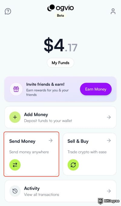Coinbase Wallet review: the [Send Money] button on Ogvio.