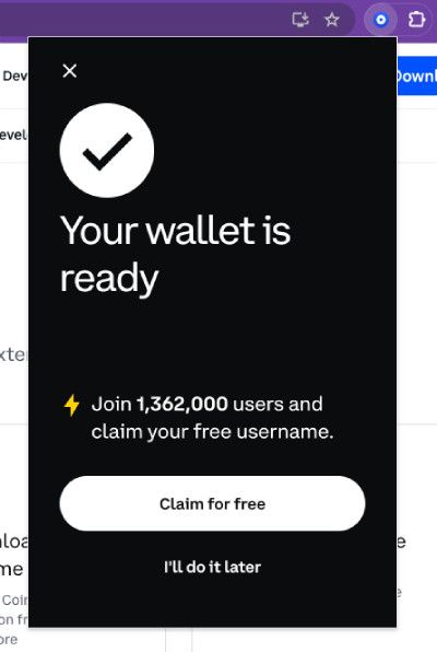 Coinbase Wallet review: creating a username on the browser extension.