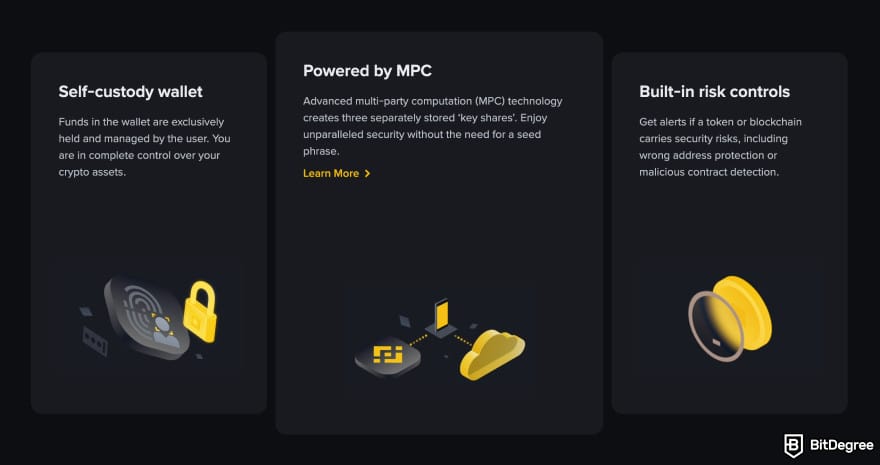 Coinbase Wallet taxes: Binance Web3 Wallet page highlighting the top features.