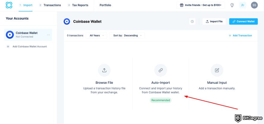 Coinbase Wallet taxes: CoinLedger auto-import option to connect Coinbase Wallet.