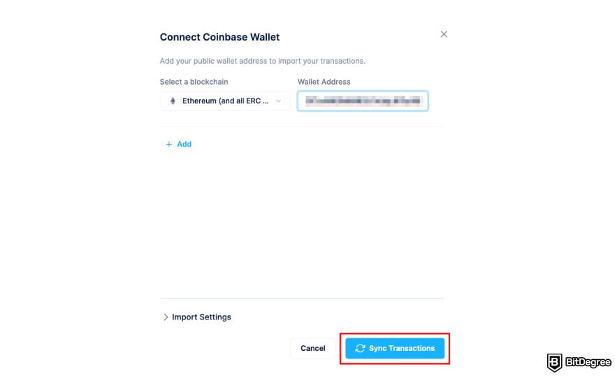 Coinbase Wallet taxes: CoinLedger connect Coinbase Wallet page highligting the [Sync Transactions] button.