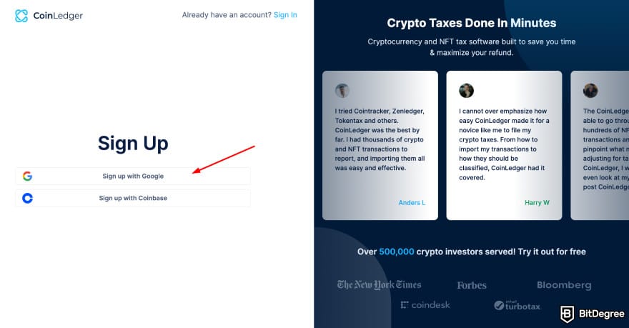 Coinbase Wallet taxes: CoinLedger sign up page highlighting the sign up with Google option.