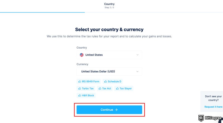 Coinbase Wallet taxes: CoinLedger sign-up process of adding country and currency.