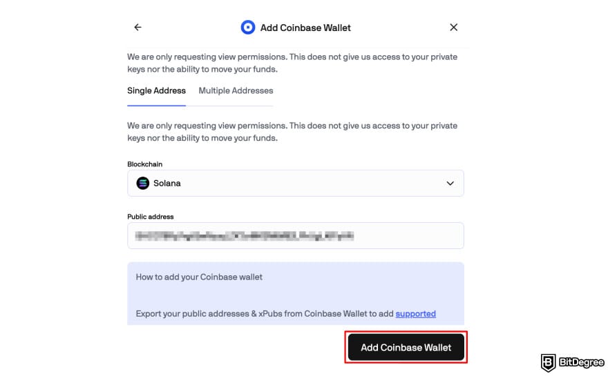 Coinbase Wallet taxes: CoinTracker add Coinbase Wallet page highlighting the [Add Coinbase Wallet] button.