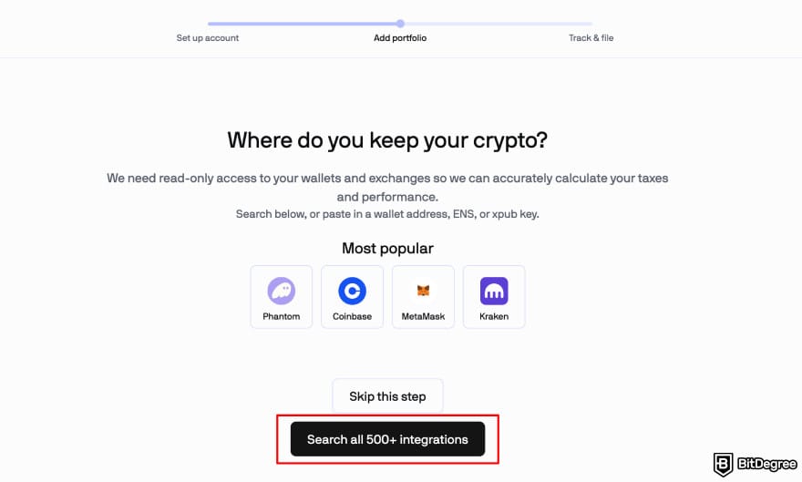 Coinbase Wallet taxes: CoinTracker add portfolio process highlighting the [Search all 500+ integrations] button.