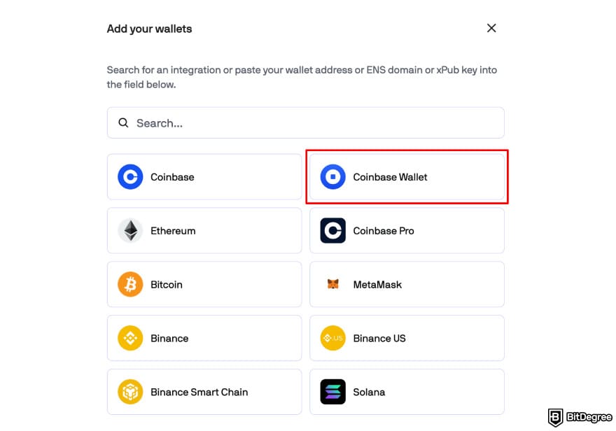 Coinbase Wallet taxes: CoinTracker add wallet process highlighting Coinbase Wallet.