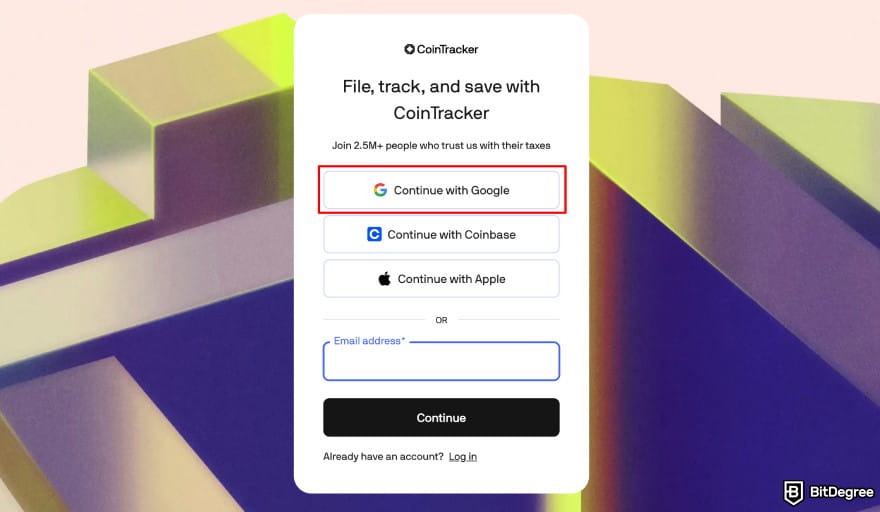 Coinbase Wallet taxes: CoinTracker sign up page highlighting the sign up with Google method.