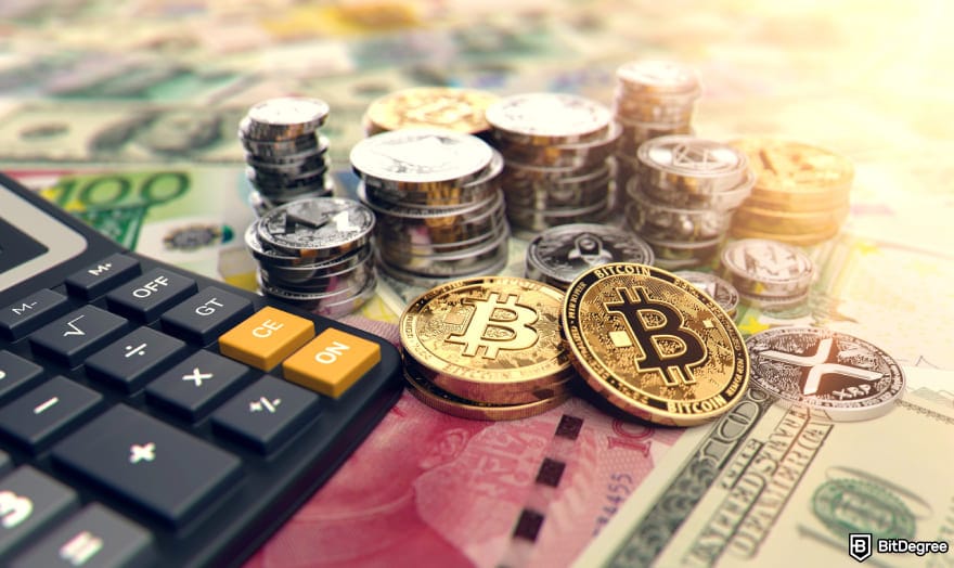 Coinbase Wallet taxes: crypto coins next to a calculator to illustration income calculation.