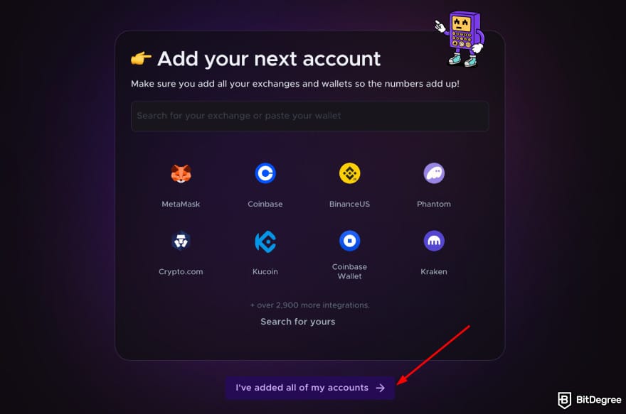 Coinbase Wallet taxes: Crypto Tax Calculator add account page highlighting the option of added all accounts.