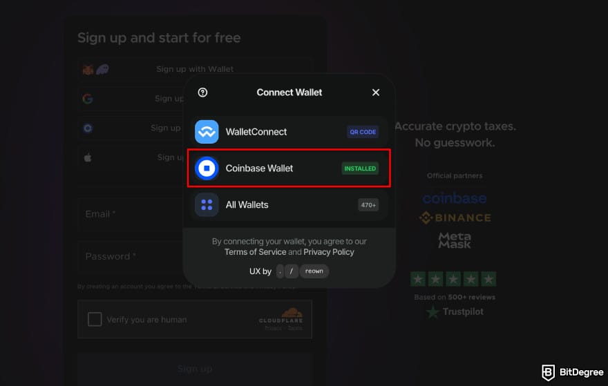 Coinbase Wallet taxes: Crypto Tax Calculator connect wallet highlighting the Coinbase Wallet option.
