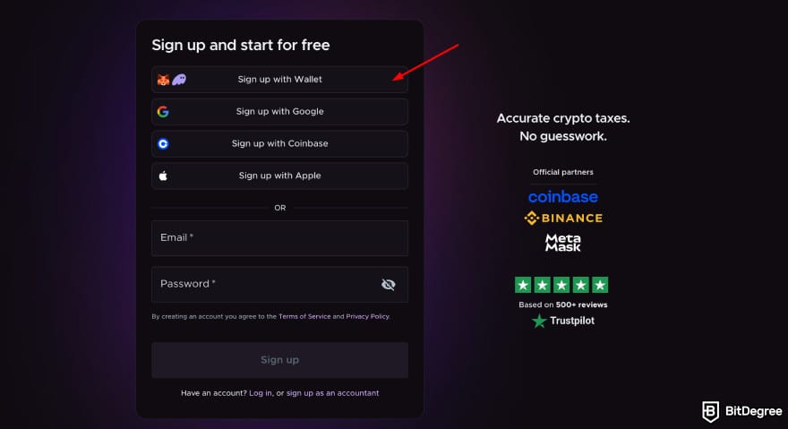 Coinbase Wallet taxes: Crypto Tax Calculator sign-up page highlighting the sign up with wallet option.