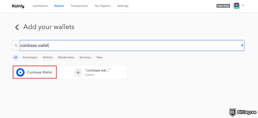Coinbase Wallet taxes: Koinly connect Coinbase Wallet option.